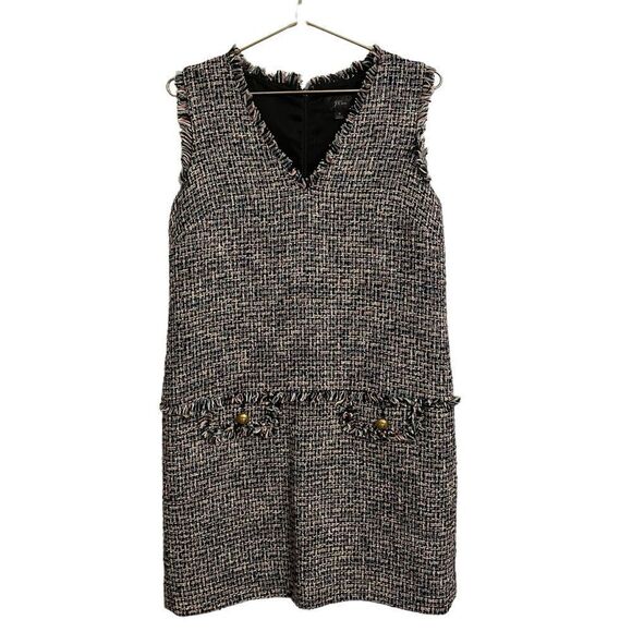 J. Crew Fringe V Neck Sleeveless Tweed Gold Button Black Pink Shift Dress Size 8 - Picture 1 of 9